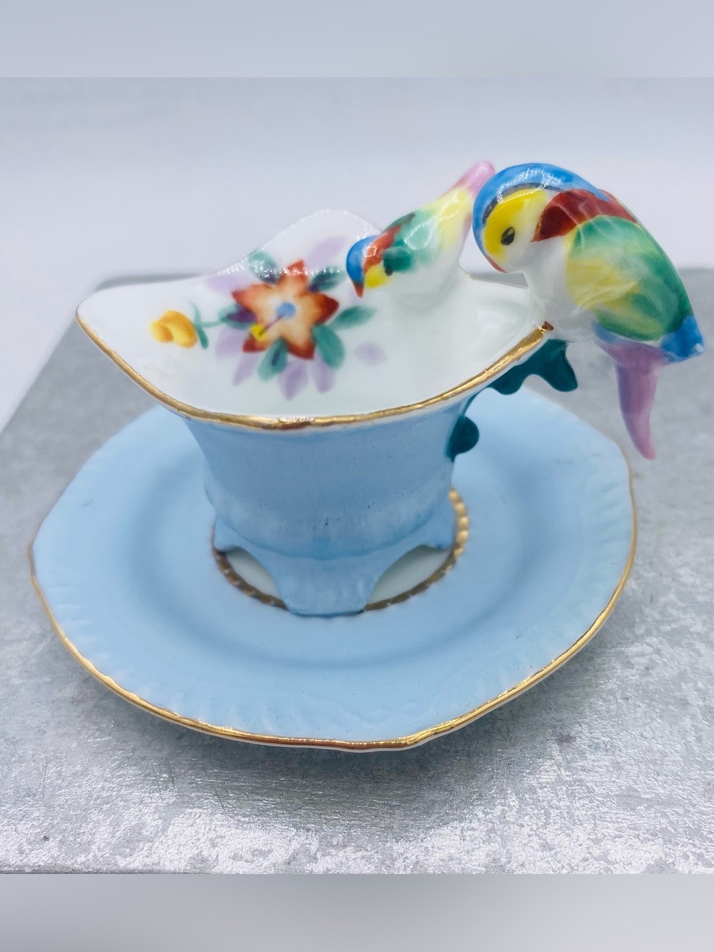 Vintage Miniature  Porcelain Cup & Saucer Parrot On Cup With Gold Trim Japan